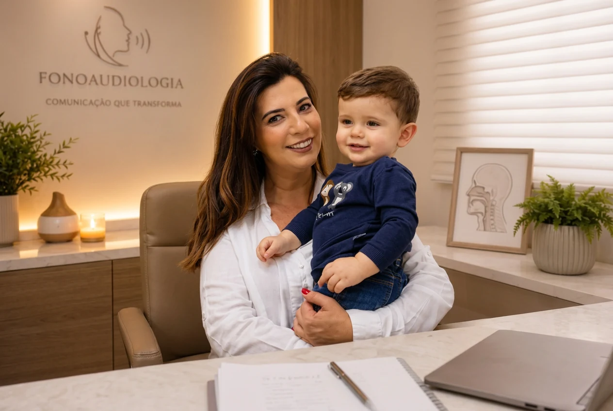 Alessandra Amaral no consultório com um bebê no colo